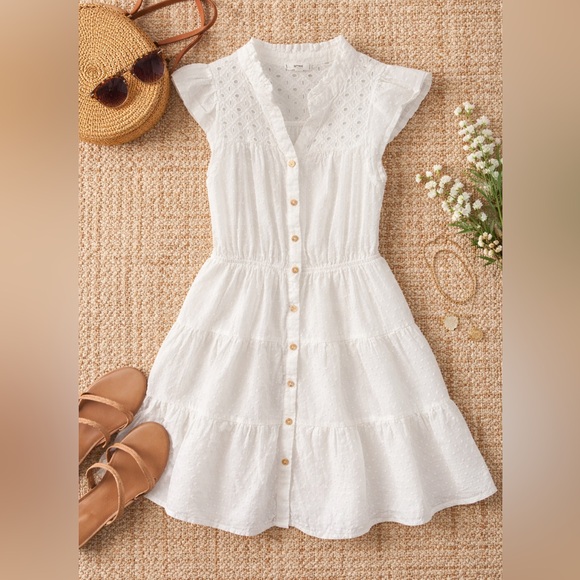 mine Dresses & Skirts - White Eyelet Tiered Mini Dress Cottagecore Boho Button Front M